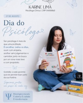 Post do Dia do Psicólogo: Karine sentada no chão lendo o livro O novelo de emoções, ao lado de um texto sobre a profissão