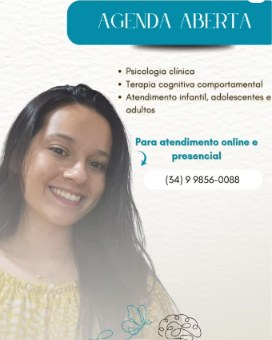 Arte de agenda aberta para atendimento online e presencial, com Karine sorrindo ao lado da lista de serviços